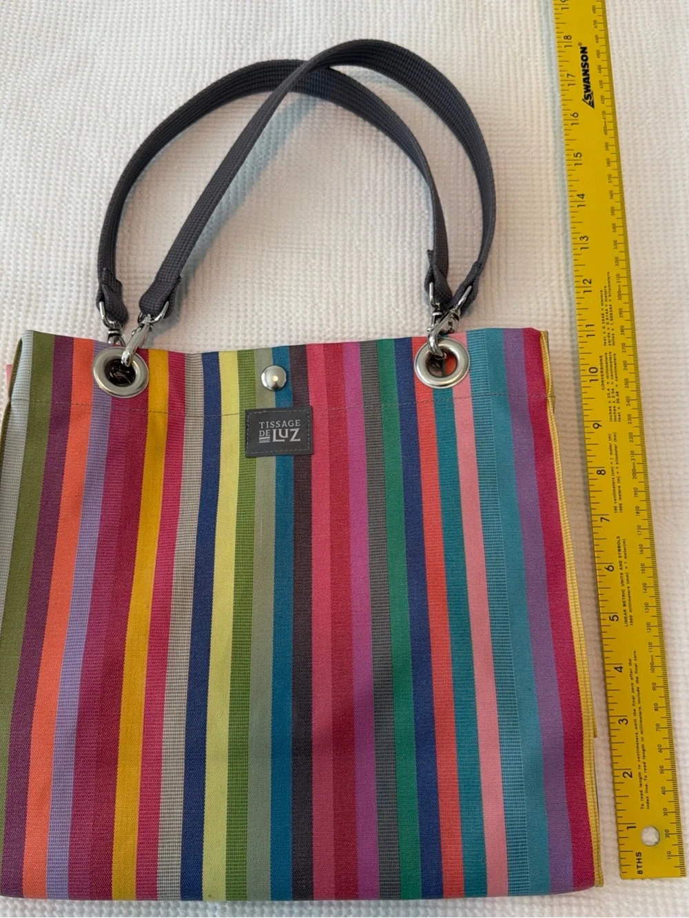 Tissage de Luz French Basque Canvas Multicolor Stripe Tote Bag w/ Black Handles